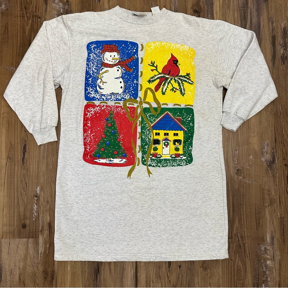 VTG 80s 90s Snowman Cardinal Pine Tree Colorblock Christmas Night Shirt